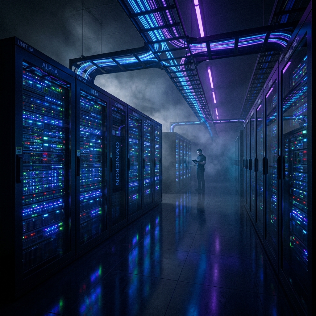 Secure server infrastructure with blue LED lighting